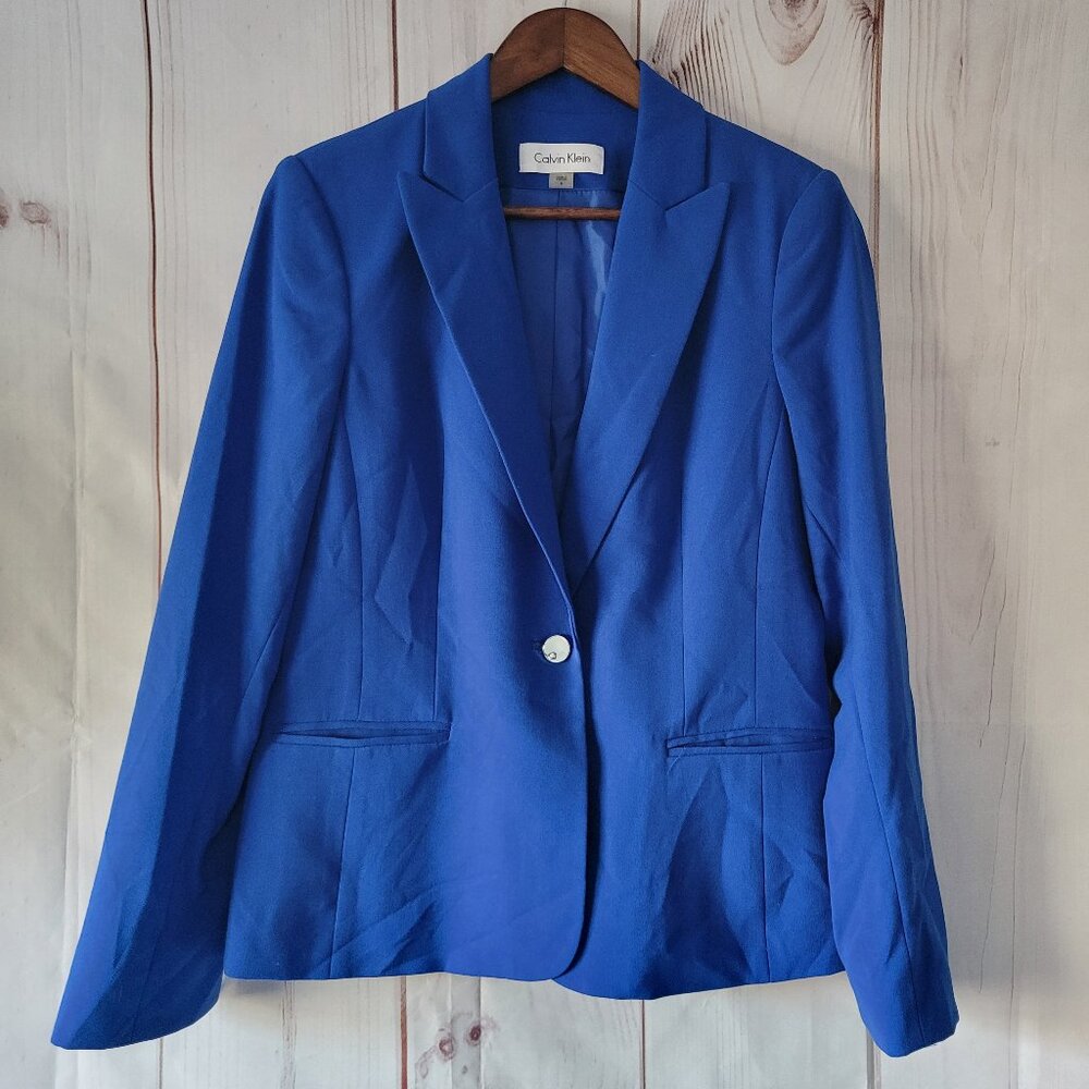 Calvin Klein One Button Blazer Women’s 8, Cobalt Blue Fully Lined, Fitted Jacket